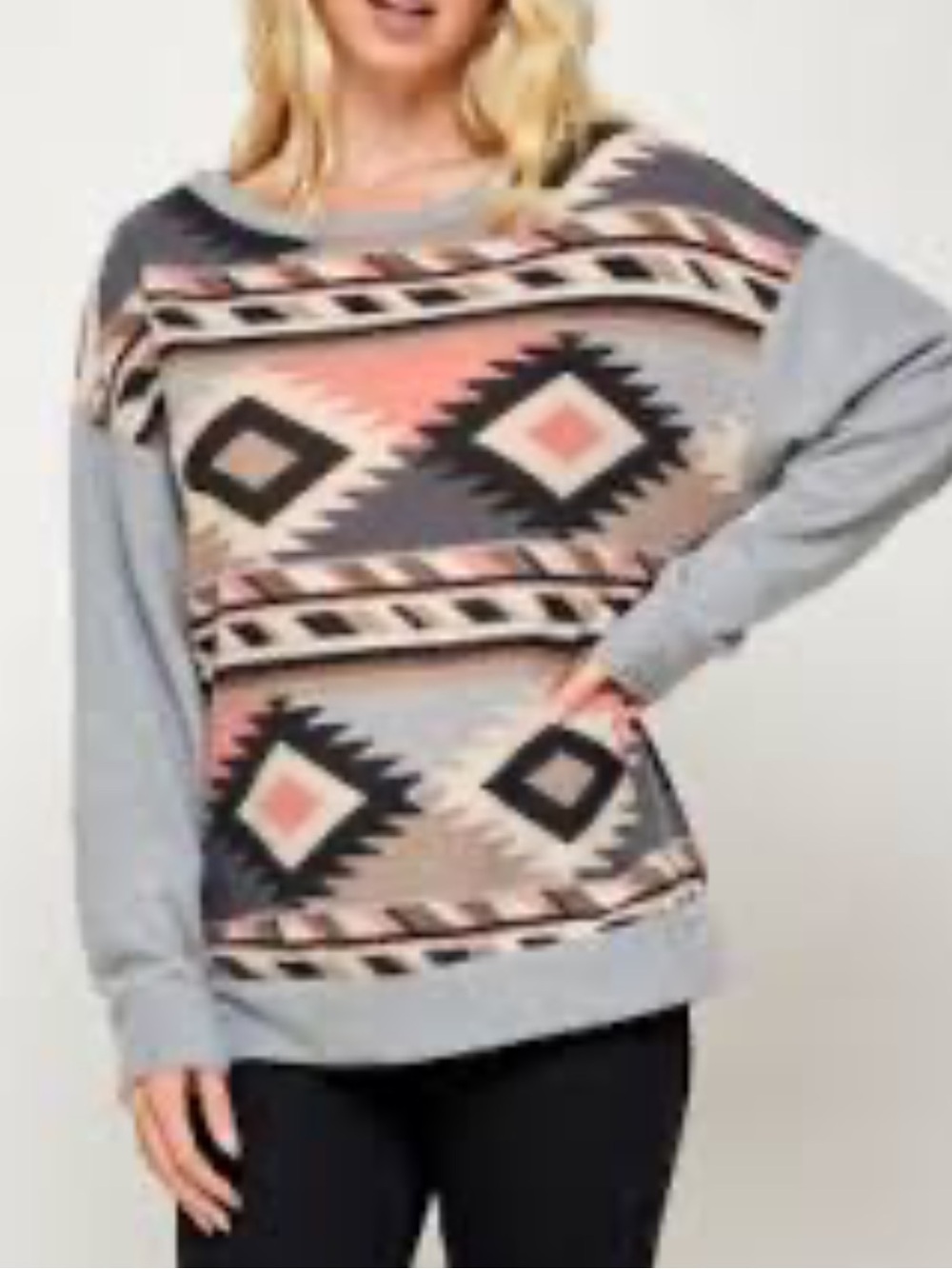 A.gain Grey Aztec-Print Pullover Top Size L